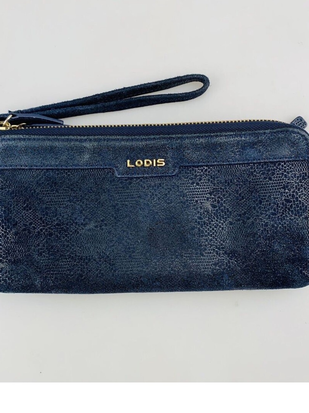 Lodis Genuine Brushed Sueded Navy Textured Wristlet wGold Logo Snakeskin RARE